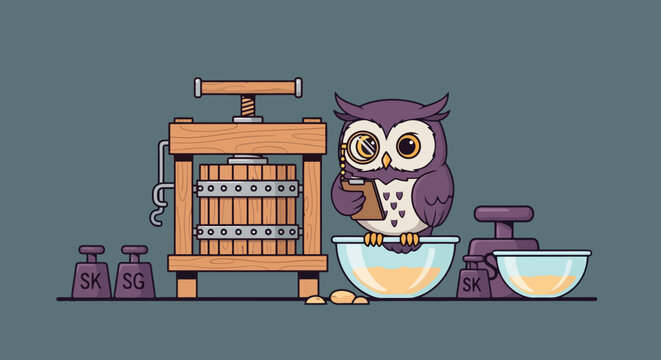 A wise owl with a monocle sits on a bowl next to a traditional wooden press, surrounded by weights and other bowls, suggesting a process of extraction or measurement.
