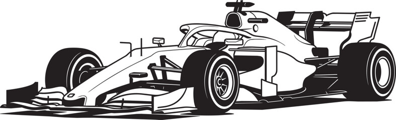 Fototapeta premium Formula one racing car vector silhouette showcasing aerodynamic sleek bodywork wheels and rear wing of modern single seater speed machine for motorsports event promotion graphic design.