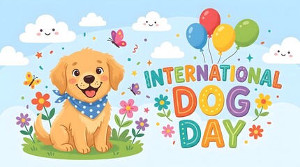 Fototapeta premium Cute golden retriever dog wearing bandana enjoys International Dog Day celebration with flowers butterflies and balloons.