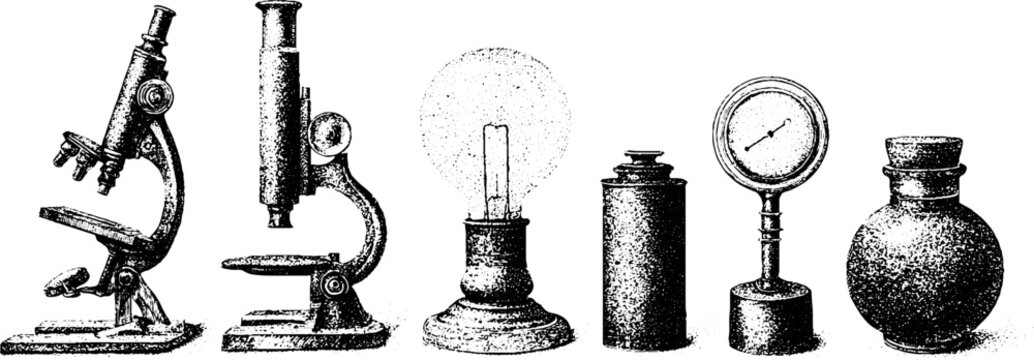 Victorian laboratory instrument lineup sketch with microscopes lamp gauge bulb and bottles for banner background design