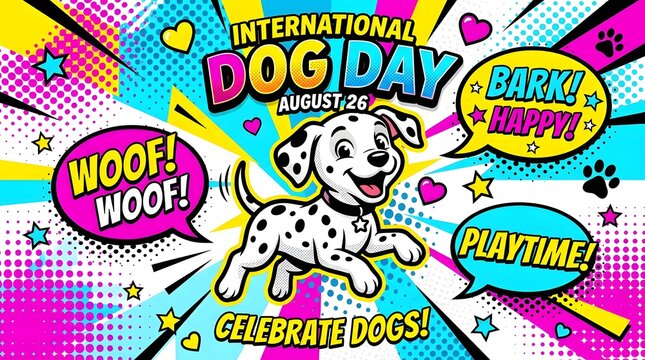International dog day design with a dalmatian puppy on a colorful pop art background.