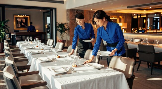 Two female waitresses setting up a long dining table in a luxury restaurant. Professional hospitality staff preparing for a banquet event. Fine dining service concept