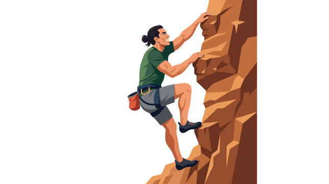 Man climbing rocky mountain cliff face, extreme outdoor sport adventure, healthy lifestyle