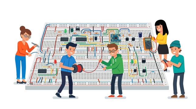 Children learn electronics on a large breadboard with circuit components.