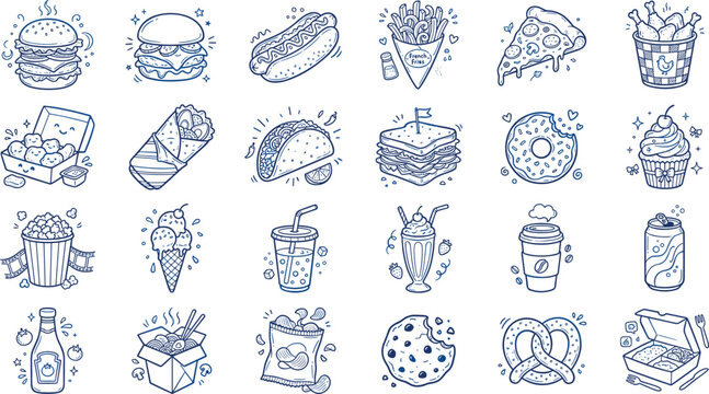 Fast Food and Snack Doodle Icon Collection Featuring Burgers, Pizza, Drinks, Desserts and Street Food Illustrations