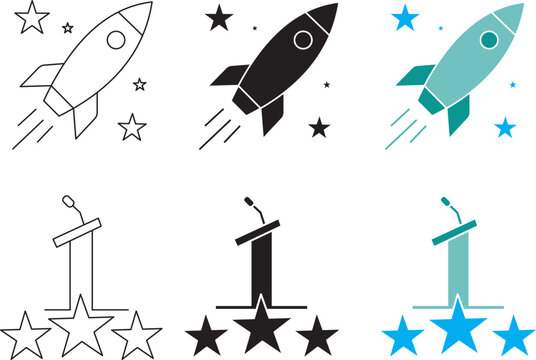 Startup rocket launch and podium vector icon set for business