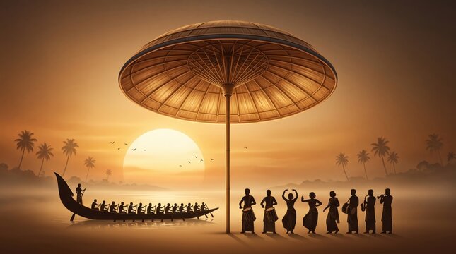 Silhouette of traditional kerala snake boat race and cultural performers under a large umbrella at onam festival