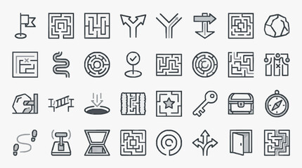 Elegant Minimalist Black and White Line Icons Set of Adventure Exploration and Puzzle Themed Symbols © Nuah