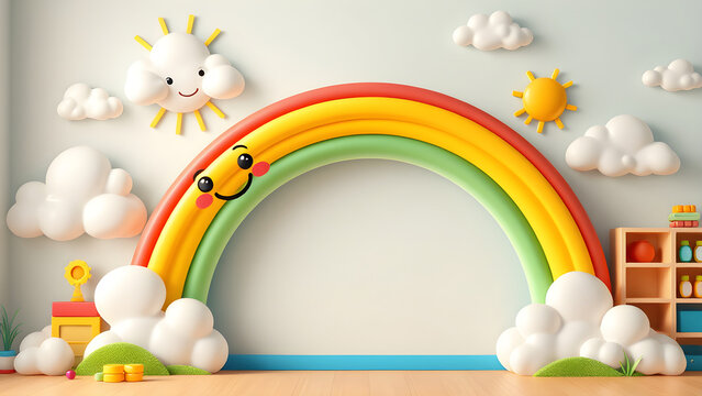 Cute kids room studio backdrop with cartoon rainbow smiling sun and puffy clouds 3d illustration
