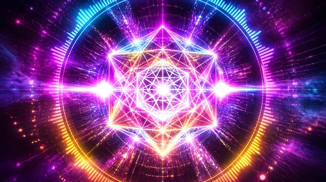 Geometric Sacred Symbol Metatron's Cube Animation with Neon Lights and Sound Wave Effect, Abstract Cosmic Energy Field