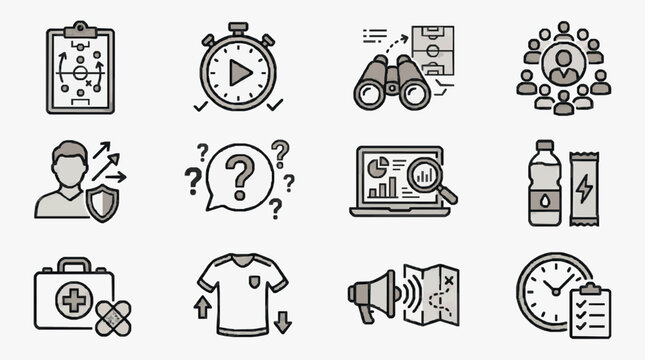 Industrial Black and White Line Icons Set Featuring Sports Health Strategy and Communication Concepts