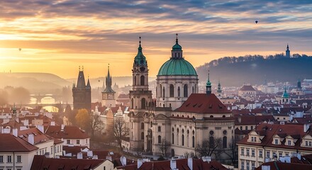 Fototapeta premium Historic European Church Rising Above Old Town Rooftops at Golden Sunrise