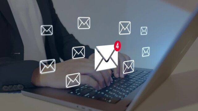 Digital email notification service concept.  Email and notification icons, instant messaging alerts, online communication and information updates.