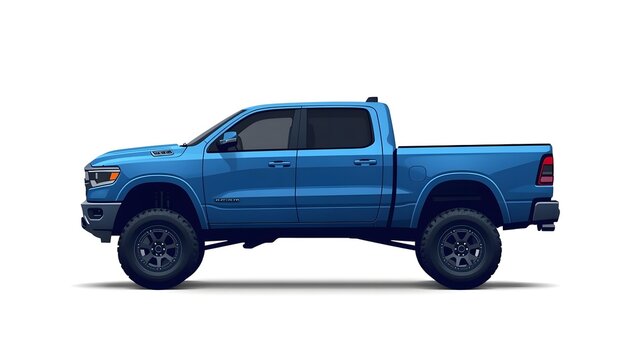 Blue pickup truck side view on white background