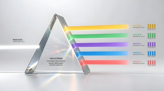 AI prism processing raw data into diverse groups with equitable treatment and visualization of results, representing fairness and analysis.
