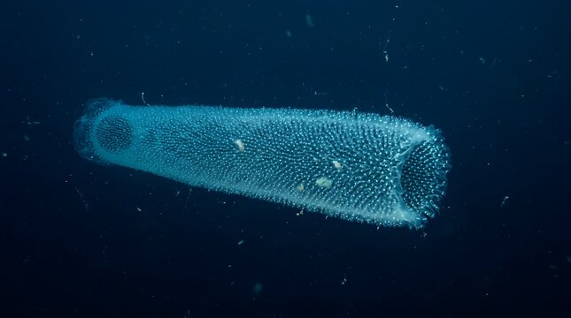 Close up of a cylindrical pyrosome colony floating in the deep blue ocean