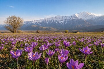 Fototapeta premium A field of blooming purple crocuses with snow-capped mountains in distance.