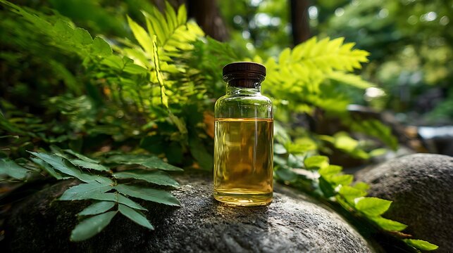 Glass bottle with natural oil, resting on a smooth stone with vibrant green foliage