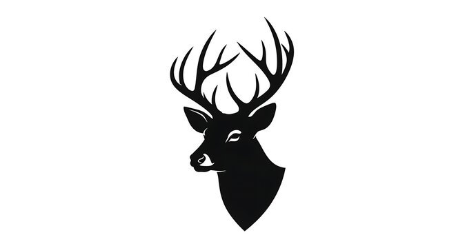 Black Deer Head Silhouette with Large Antler on White Background