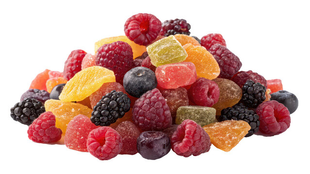 Assorted dried fruits and berries mix isolated on white background, colorful healthy snack, candied fruit variety, natural sweets concept, vibrant food photography