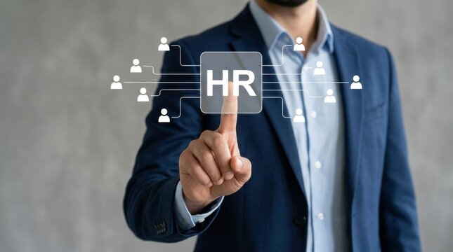 Human resources technology concept a professional touching a digital hr network interface
