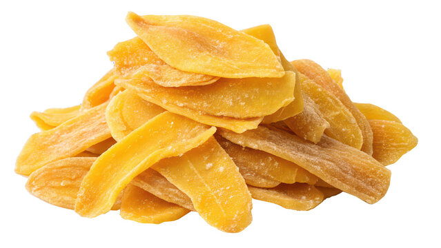 Dried mango slices isolated on white background, sweet tropical fruit snack, dehydrated mango chips, healthy natural food, organic dried fruit, minimal product photography