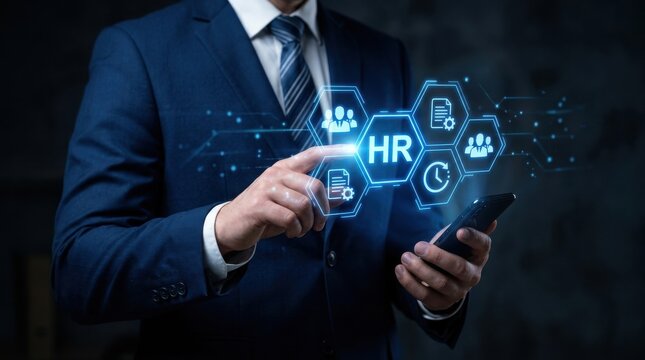 Human resources technology concept business professional interacting with digital hr interface on smartphone