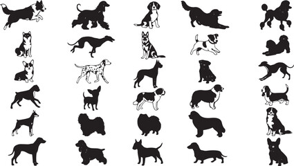 Fototapeta premium Large collection of various dog breed silhouettes and vector icons isolated on white background for pet design elements