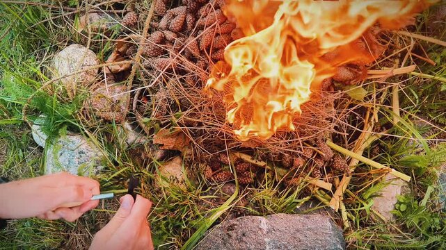 Close-up of hands using a ferrocerium rod and striker to create sparks and ignite dry tinder grass on a pile of pine cones during an outdoor survival camping trip.