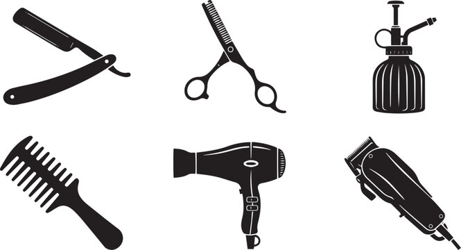 Collection of professional barber tools icons including razor, scissors, hair dryer, comb, spray bottle, and electric clippers