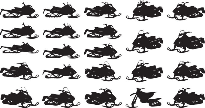Set of snowmobile silhouettes in various poses and angles isolated on a white background design element collection