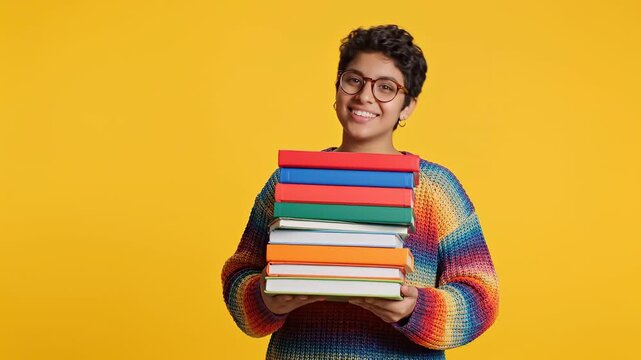 Smiling young student holding a colorful stack of books on bright yellow background, cheerful education concept with copy space, learning, school, college and positive academic lifestyle