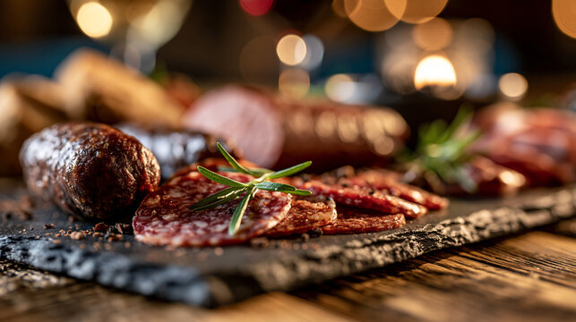 Charcuterie board featuring sliced salami and dried sausages on a slate platter charcuterie appetizer