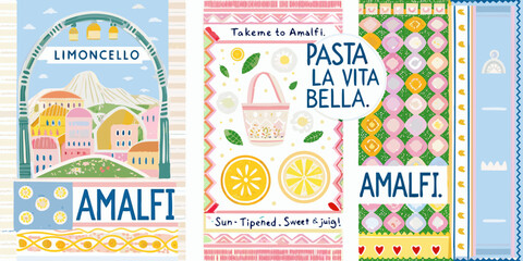 Amalfi coast travel posters colorful vector illustrations with Italian themes © Subarna