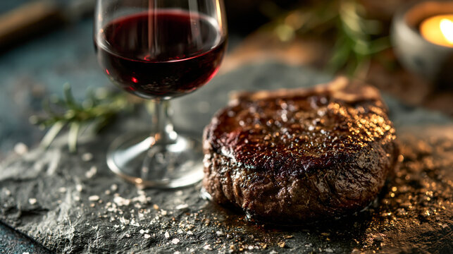 Grilled beef steak served with red wine on a dark stone background restaurant culinary delicious