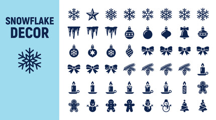 Fototapeta premium Comprehensive Winter Holiday Decoration Icon Collection Featuring Assorted Christmas Ornaments Snowflakes Candles And Festive Seasonal Elements