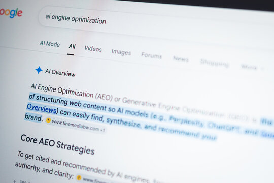 Coublevie, France - July 9, 2026: A close-up shot of Google AI search results for AI engine optimization (AEO)