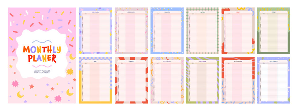 A colorful set of monthly planning templates. An A4 planner in a playful style with cute elements. A 12-month planner.