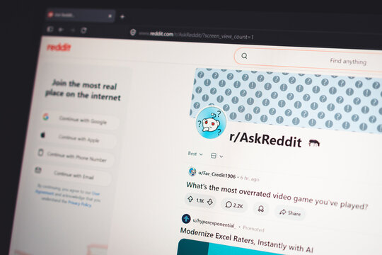 Coublevie, France - July 9, 2026: A close-up shot of the Ask Reddit subreddit on a desktop screen