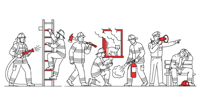 Firefighter line art vector set, professional firemen characters in rescue scenes, emergency service workers with equipment and red accents