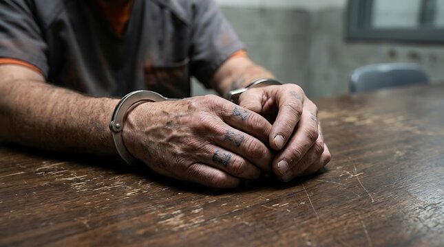 Halloween incarceration concept hands in handcuffs on wooden table justice system illustration
