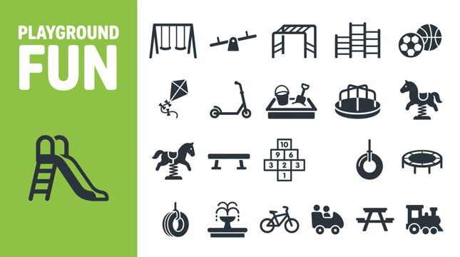 Set of playground activity and children outdoor recreation equipment icons featuring fun park leisure play structures and kids movement games