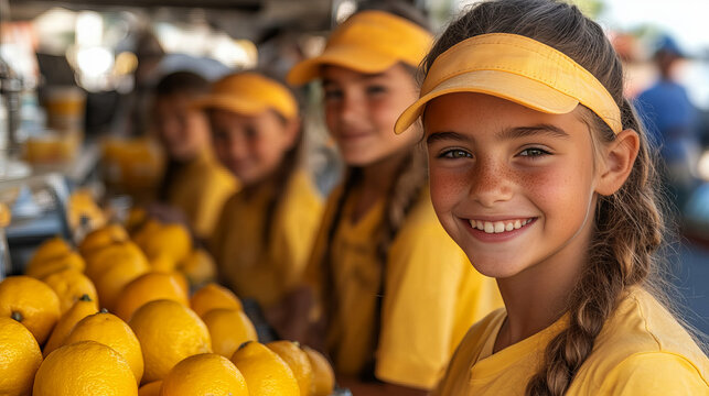 A young girl in a yellow shirt and visor smiles at the camera, standing behind a table filled with fresh lemons at an outdoor market, with other children visible in the blurred background.