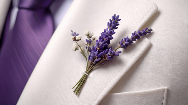 Lavendelhochzeit - Nahaufnahme des Kragens am Rever des Br&auml;utigams mit einem kleinen Lavendelstr&auml;u&szlig;chen