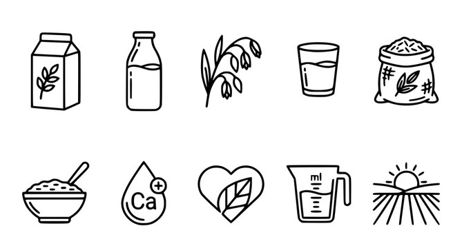 Plant based milk production and nutritional value icons set linear design