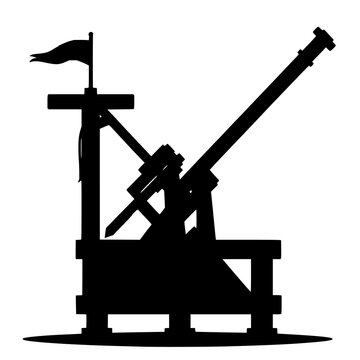 Solid black silhouette of a medieval trebuchet siege engine, historical warfare theme, flat 2D vector, white background. set with simple line art design featuring sketches, drawings, vector graphic...