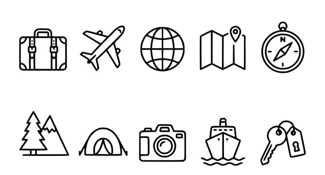 Travel and adventure icons set luggage plane globe map compass mountains and more