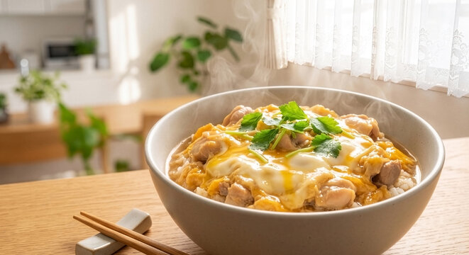 Close-up of a delicious Oyakodon (chicken and egg rice bowl) with creamy, golden runny egg, illuminated by soft spring sunlight on a wooden dining table in a cozy modern Japanese home.