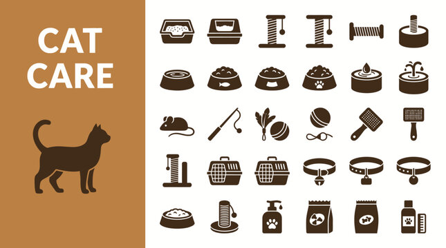 Comprehensive Vector Icon Set for Domestic Feline Pet Care Supplies and Essential Grooming Equipment Accessories