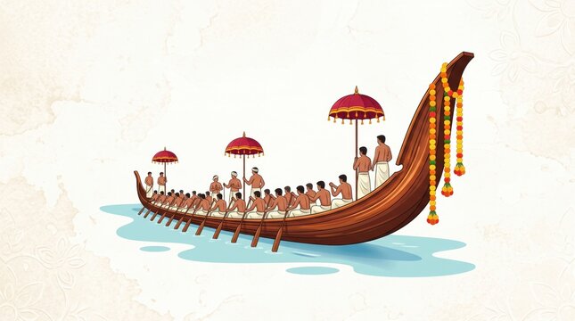 Traditional kerala snake boat race featuring rowers with decorative umbrellas and floral garlands onam festival